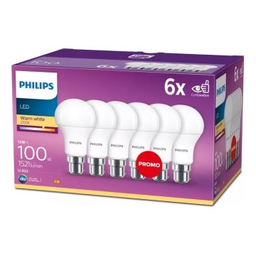 6 darabos Philips A60 LED izzó szett, B22, 13W, 230V, 2700K