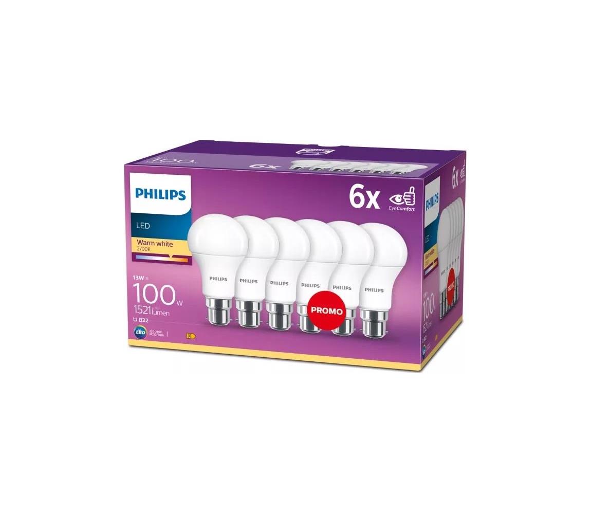 6 darabos Philips A60 LED izzó szett, B22, 13W, 230V, 2700K 8718696586358