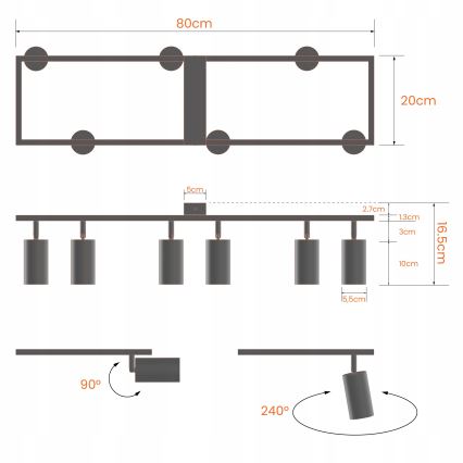 6 foglalatos GU10 spotlámpatest, max. 30 W/izzó, 230 V, fehér