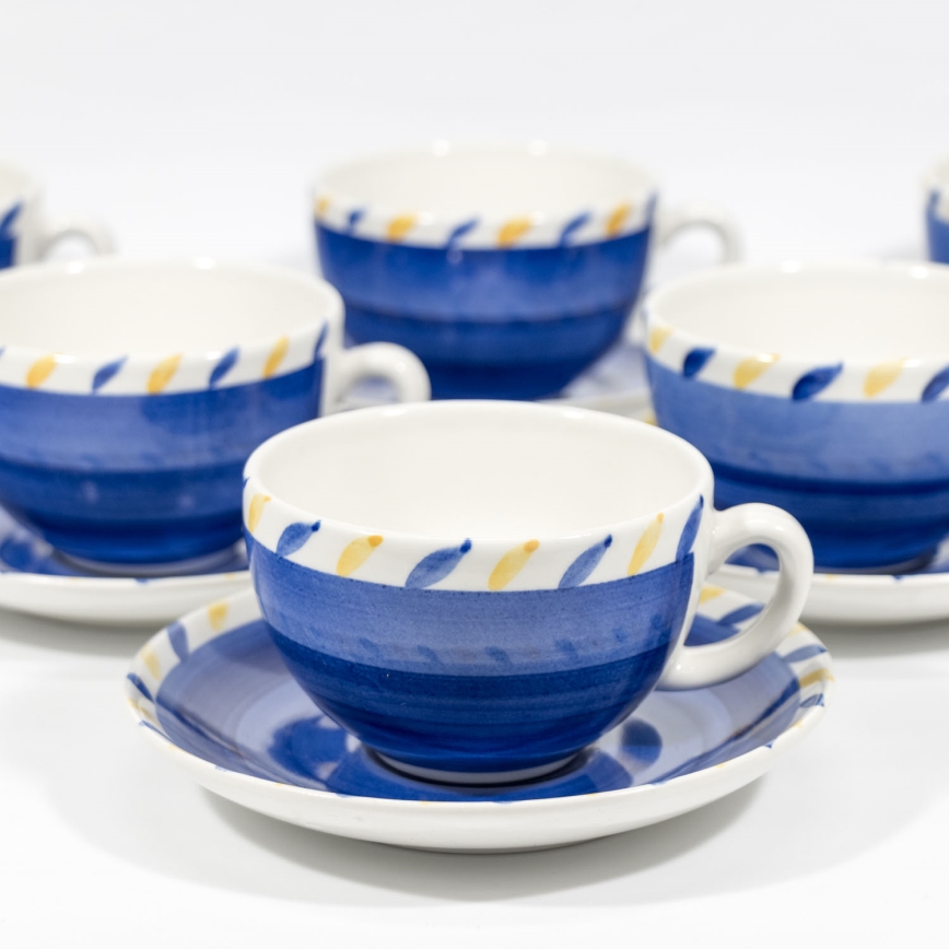 Teáskészlet 6 db kerámia csésze alátéttel kék-sárga