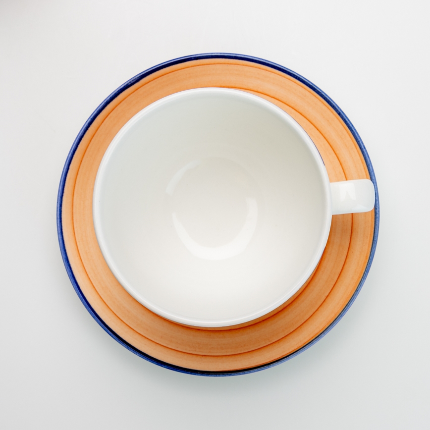 Teáskészlet 6 db kerámia csésze alátéttel narancs-kék színben