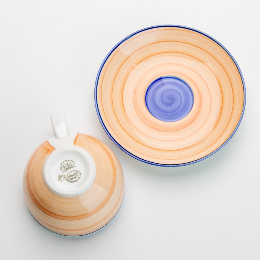 Teáskészlet 6 db kerámia csésze alátéttel narancs-kék színben