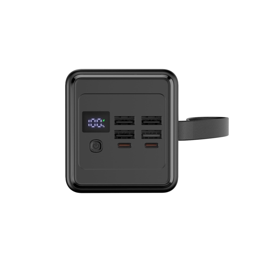 60000 mAh-s, 65 W-os Power Bank, Power Delivery funkcióval, 4xUSB-A + 2xUSB-C, LED zseblámpával és 1 m-es fekete USB-C kábellel