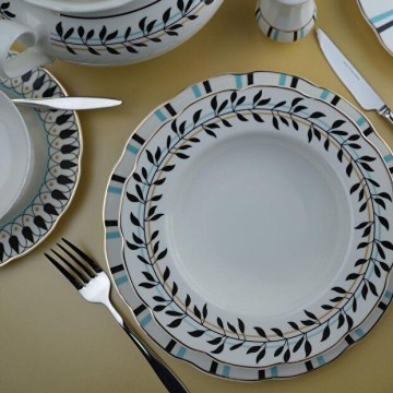 62 részes porcelán étkészlet – fehér, kék és fekete