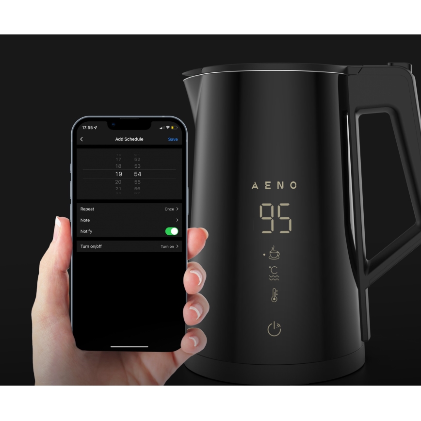 AENO - Okos vízforraló LED kijelzővel, 1,7 l, 2200W/230V, fekete