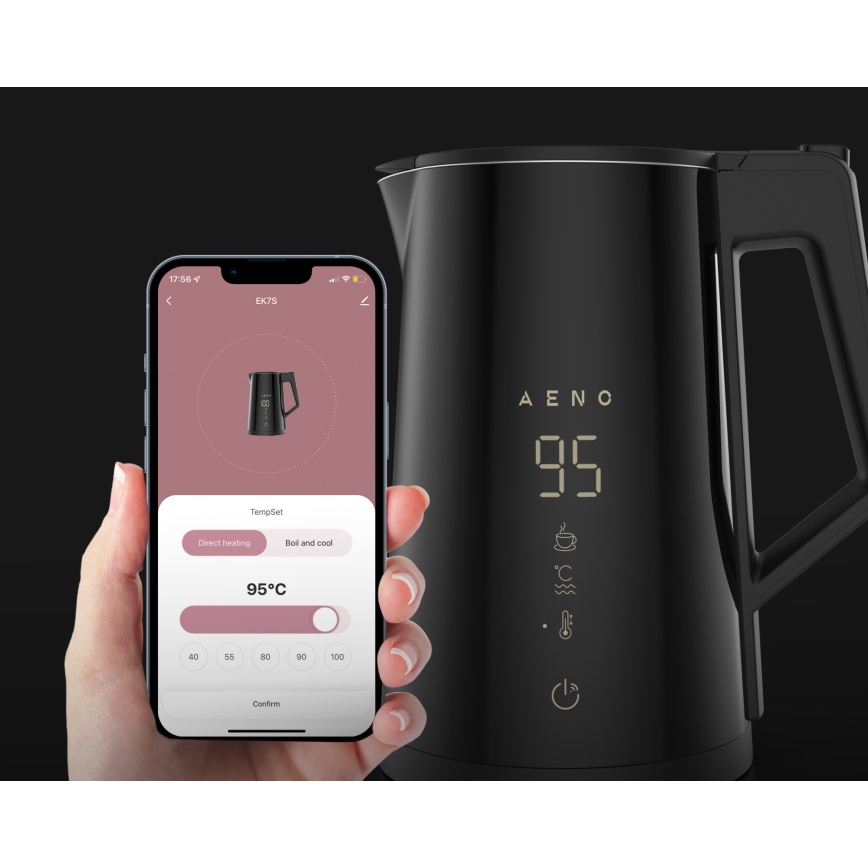 AENO - Okos vízforraló LED kijelzővel, 1,7 l, 2200W/230V, fekete