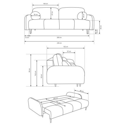 Ággyá alakítható, kárpitozott, háromszemélyes CLOUDY kanapé – kék