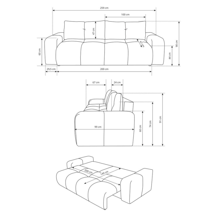 Ággyá alakítható kárpitozott háromszemélyes kanapé tárolóval ALMADA bézs