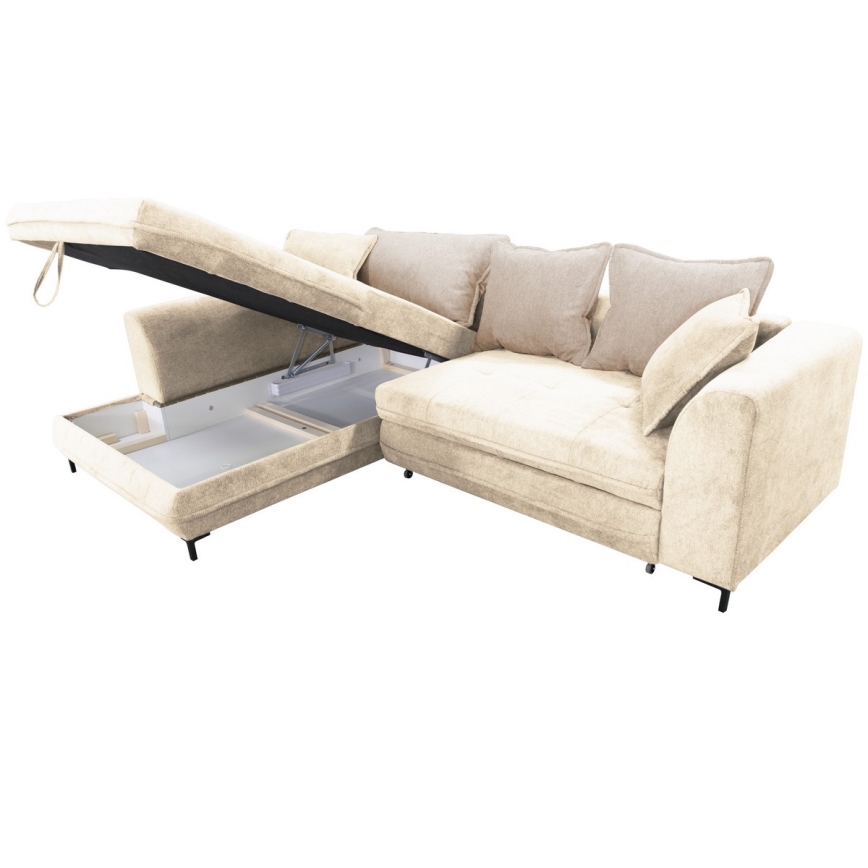 LAGOA L alakú, balos ággyá nyitható sarokülőgarnitúra tárolóval, bézs/barna