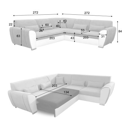Ággyá nyitható L alakú VISEU sarokkanapé tárolóval, balos, szürke/fehér