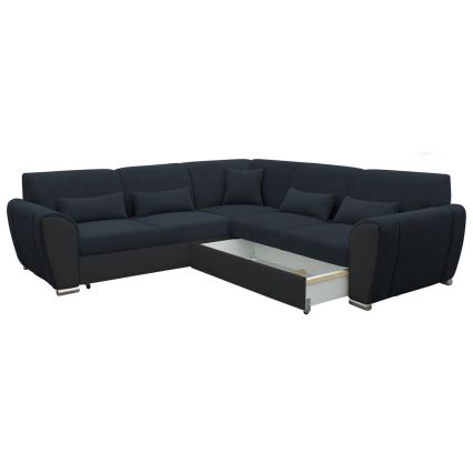 Kihúzható jobb oldali L alakú sarokülőgarnitúra tárolóval VISEU antracit/fekete