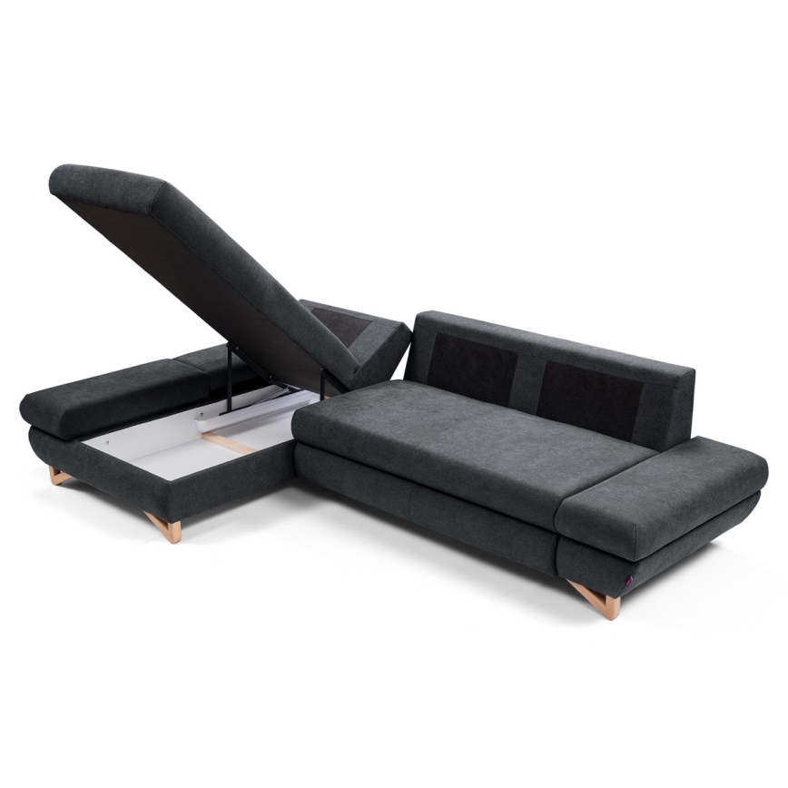 Ággyá nyitható, L alakú, kárpitozott AVESTA sarokkanapé ágyneműtartóval, balos - antracit