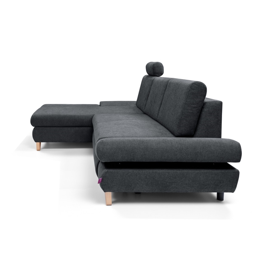 Ággyá nyitható, L alakú, kárpitozott AVESTA sarokkanapé ágyneműtartóval, balos - antracit