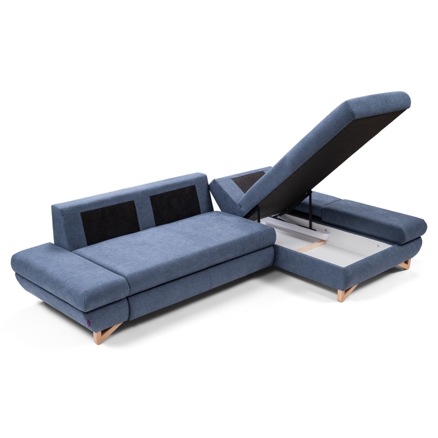 AVESTA L-alakú, jobbos, ágyazható kárpitozott sarokülőgarnitúra tárolóval, kék