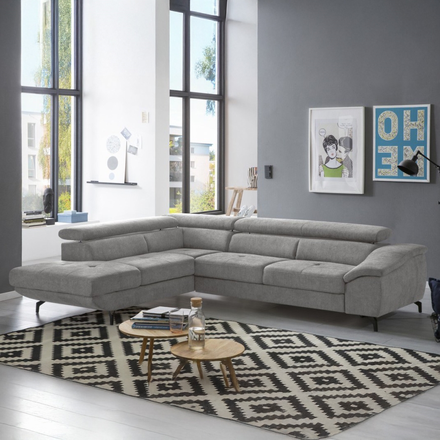 Ágyazható sarokkanapé tárolóhellyel, L-alakú BRESCIA balos, szürke