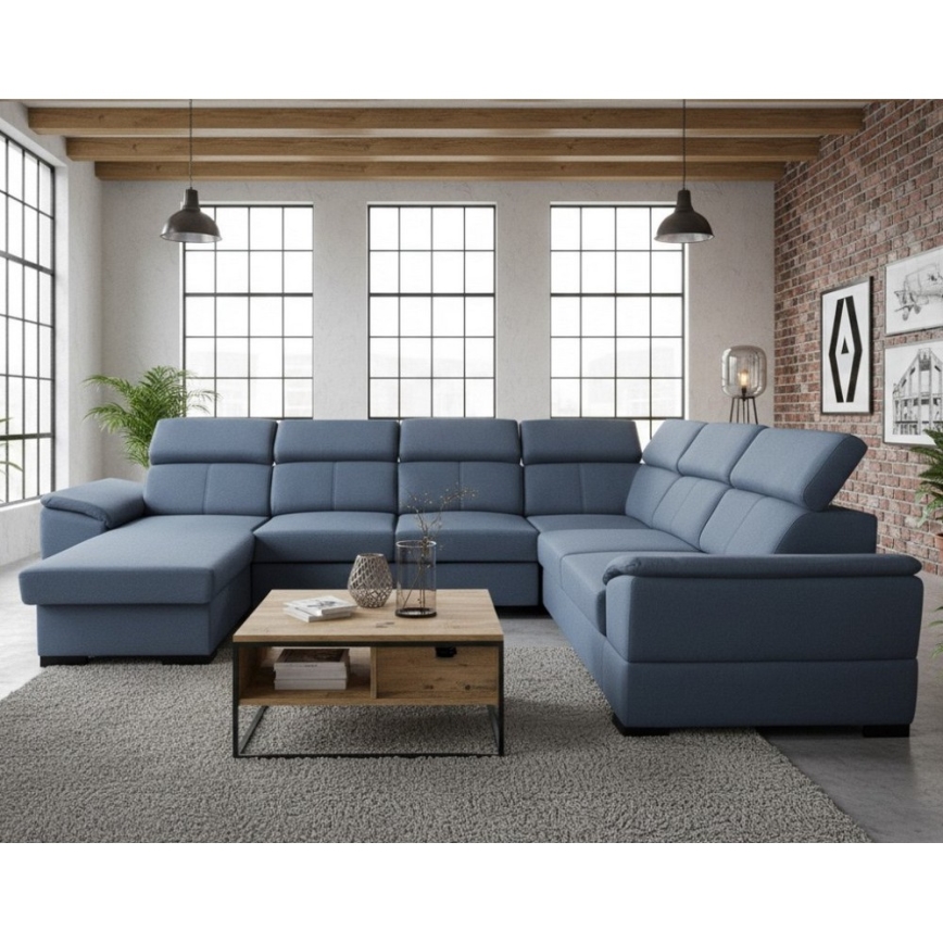 Ágyazható U-alakú ülőgarnitúra univerzális sarokkal és tárolóval GRANADA kék