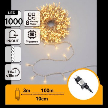 Aigostar - 1000 LED, 8 funkciós kültéri karácsonyi fényfüzér, 103 m, IP44, meleg fehér