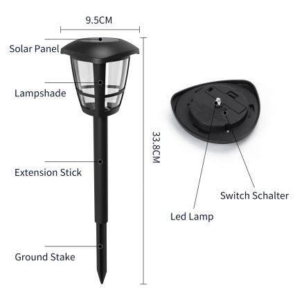 Aigostar - SZETT 12x LED napelemes lámpa LED/0,06W/2V 33,8 cm 6500K 100 mAh IP44 fekete