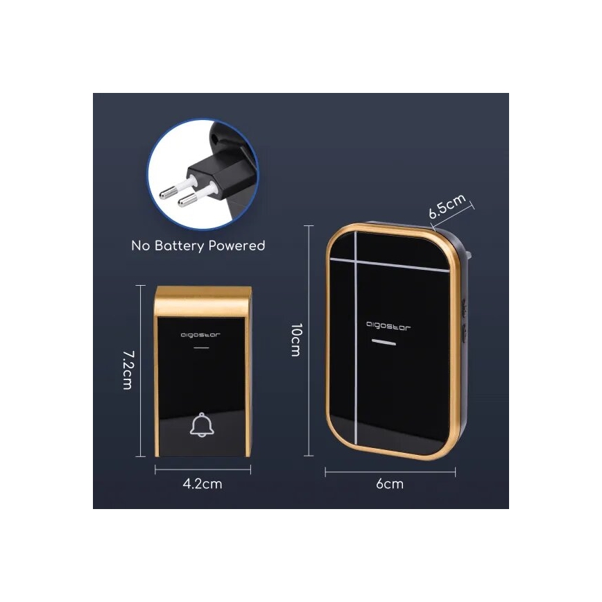 Aigostar - 2 db-os készlet vezeték nélküli csengő aljzatba 230V/12V IP44 fekete/rezes