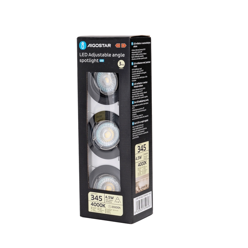 Aigostar - 3 darabos beépíthető LED lámpa szett, 1×GU10/4,5W/230V, 4000K, fekete