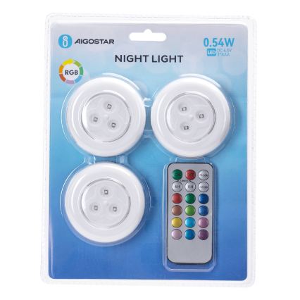 Aigostar - 3 darabos RGB LED hordozható éjszakai lámpa, LED/3xAAA + távirányítóval