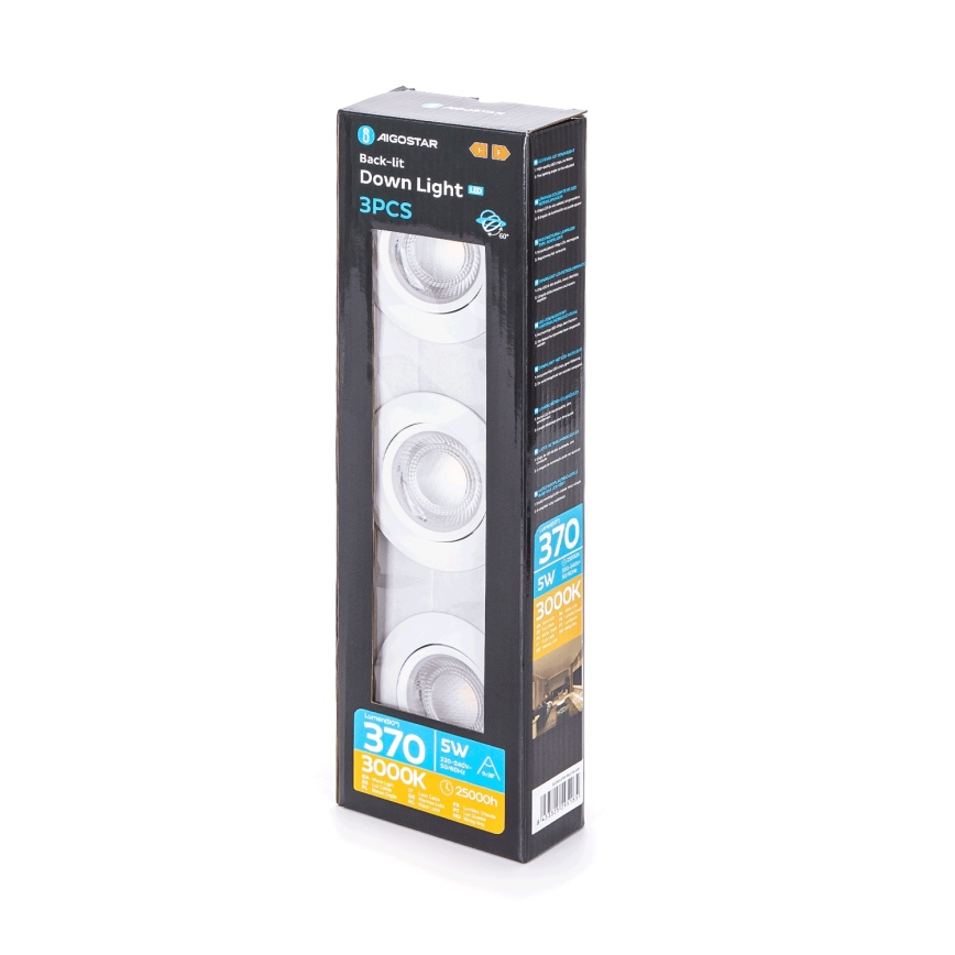 Aigostar - 3 darabos szett süllyesztett LED lámpatest LED/5W/230V 3000K pr. 8,5 cm fehér