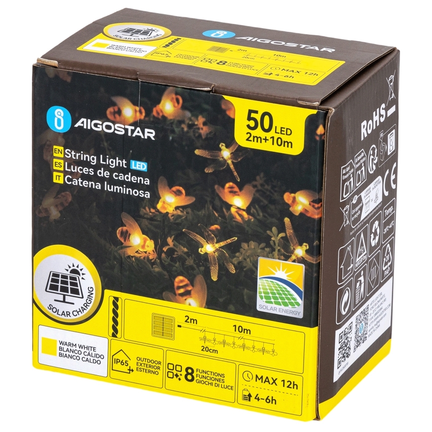 Aigostar – LED napelemes dekorációs fényfüzér, 50 LED, 8 üzemmód, 10 m, 800 mAh, IP65, meleg fehér