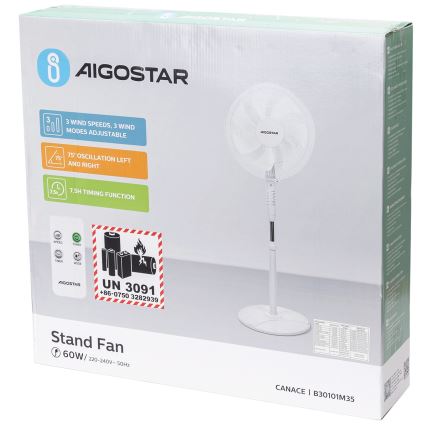Aigostar - Álló ventilátor 60W/230V fehér + távirányító