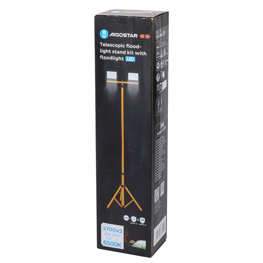 Aigostar - állványos LED reflektor 2xLED/30W/230V 6500K IP65 narancssárga/fekete