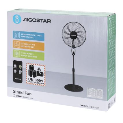 Aigostar - Állványos ventilátor 55 W/230 V, 130 cm, fekete + távirányító