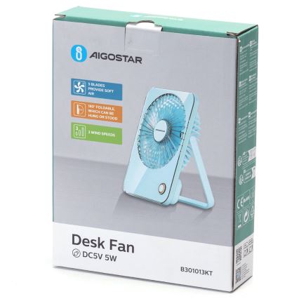 Aigostar - Asztali újratölthető ventilátor 5W/5V 3600mAh USB kék