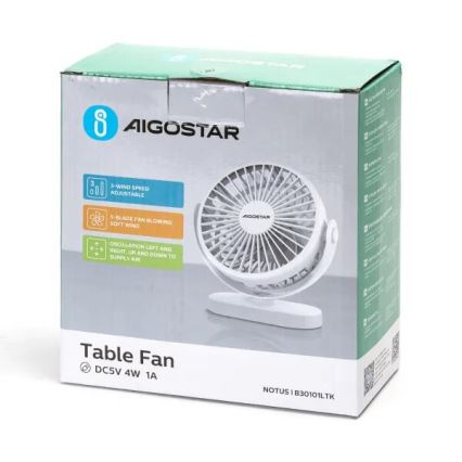 Aigostar - Asztali tölthető ventilátor 4W/5V 1500mAh fehér