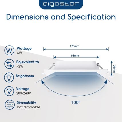 Aigostar - beépíthető LED mennyezeti lámpa 6W/230V 6500K 12x12 cm fehér