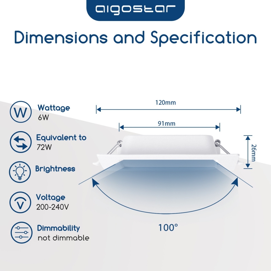 Aigostar - beépíthető LED mennyezeti lámpa 6W/230V 6500K 12x12 cm fehér