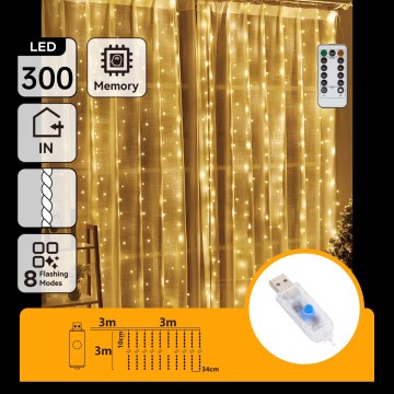 Aigostar - Dimmelhető LED karácsonyi fényfüzér 300xLED/8 világítási mód USB 6x3m meleg fehér + távirányító