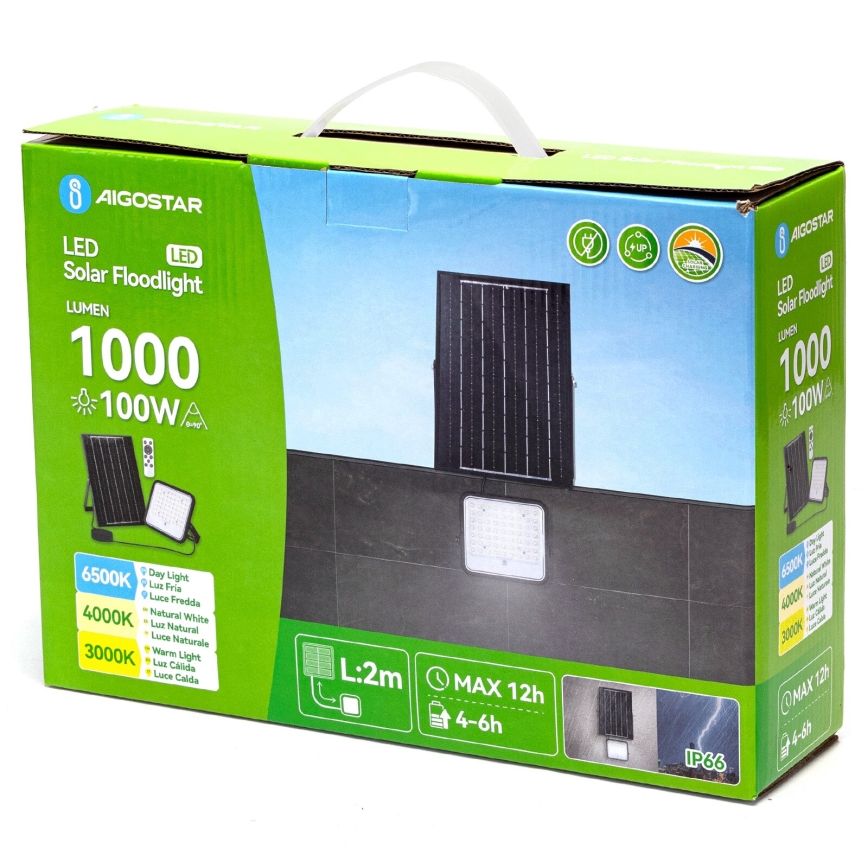 Aigostar - Fényerőszabályozható napelemes LED-reflektor 100W/3,4V 3000/4000/6500K IP66 8000 mAh + távirányító