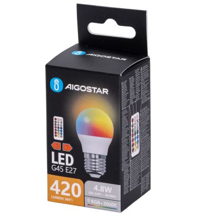 Aigostar - LED RGBW, fényerőszabályozható G45 izzó E27/4,8W/230V 3000K + távirányító