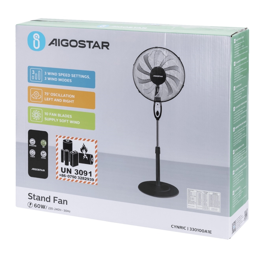 Aigostar - Álló ventilátor 60W/230V fekete + távirányító