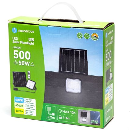 Aigostar - LED Dimmelhető napelemes reflektor LED/50W/3,4V 3000/4000/6500K IP66 4000 mAh + távirányító