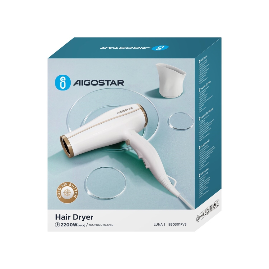 Aigostar - Hajszárító ionizátorral 2200W/230V fehér
