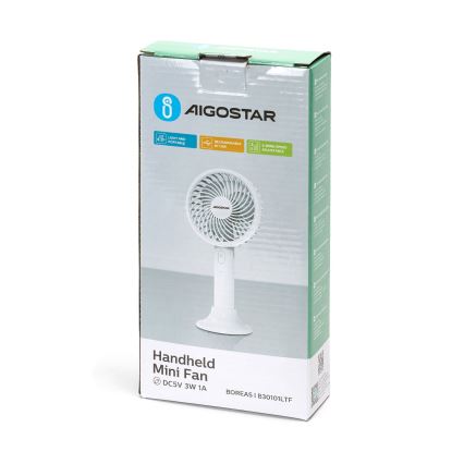 Aigostar - Hordozható tölthető ventilátor 3W/5V 1500mAh USB fehér