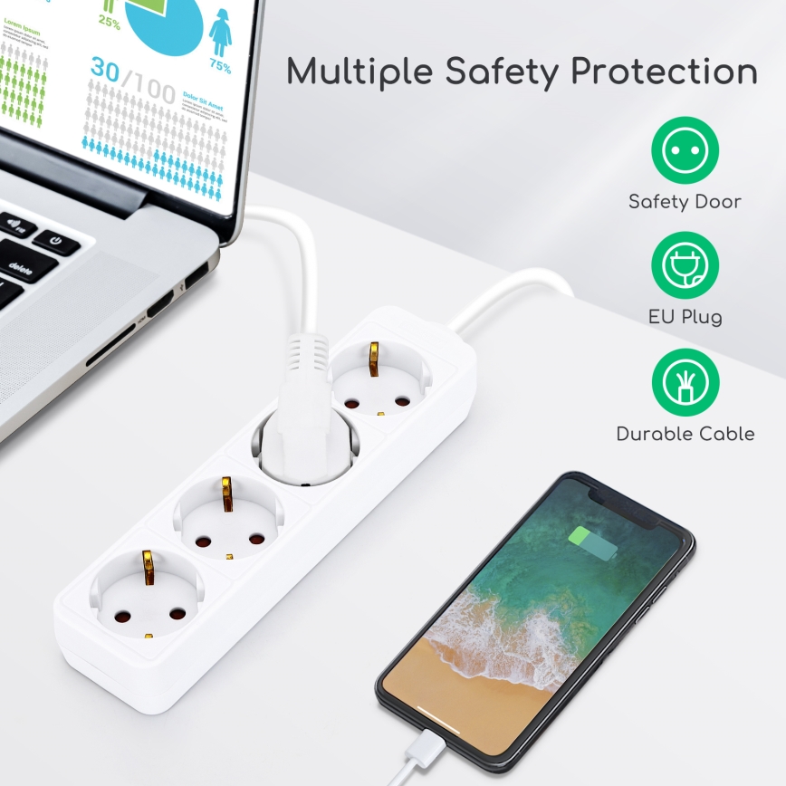 Aigostar - Hosszabító kábel 4Z Típus F 1,5m fehér SCHUKO