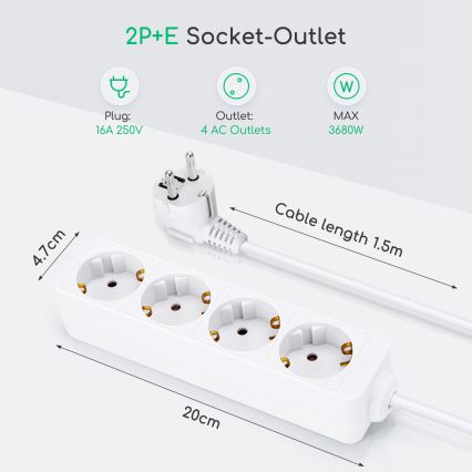 Aigostar - Hosszabító kábel 4Z Típus F 1,5m fehér SCHUKO
