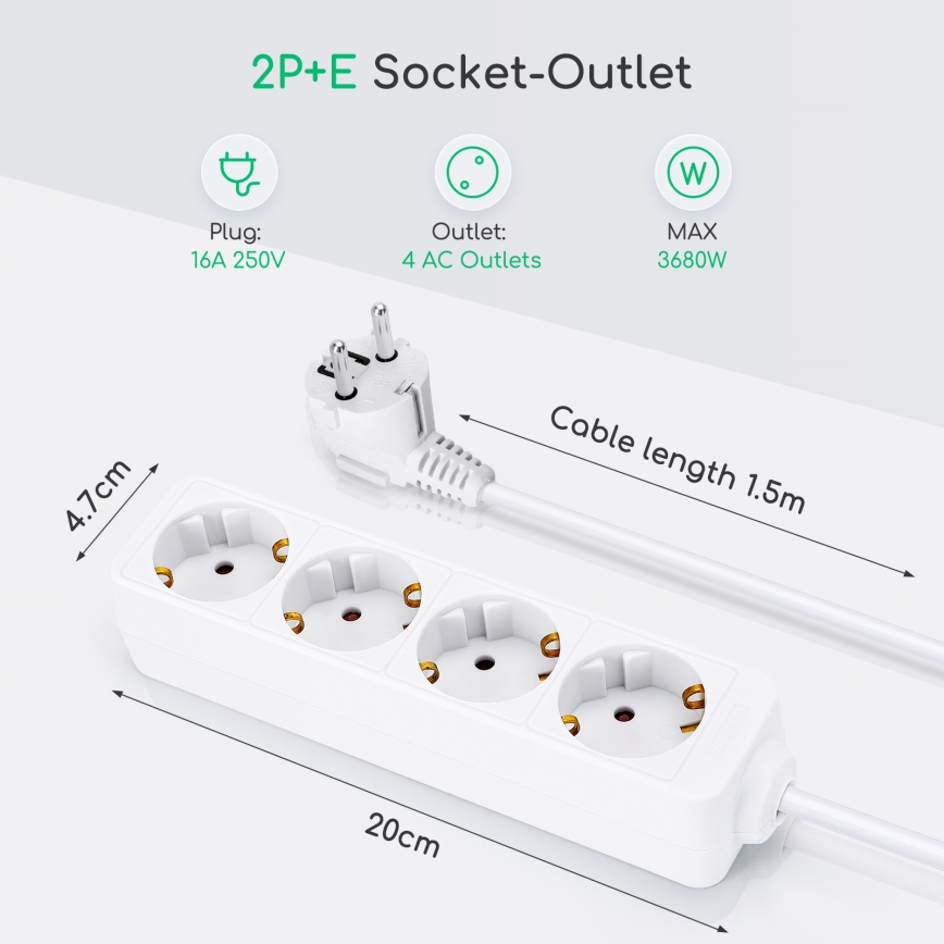 Aigostar - Hosszabító kábel 4Z Típus F 1,5m fehér SCHUKO