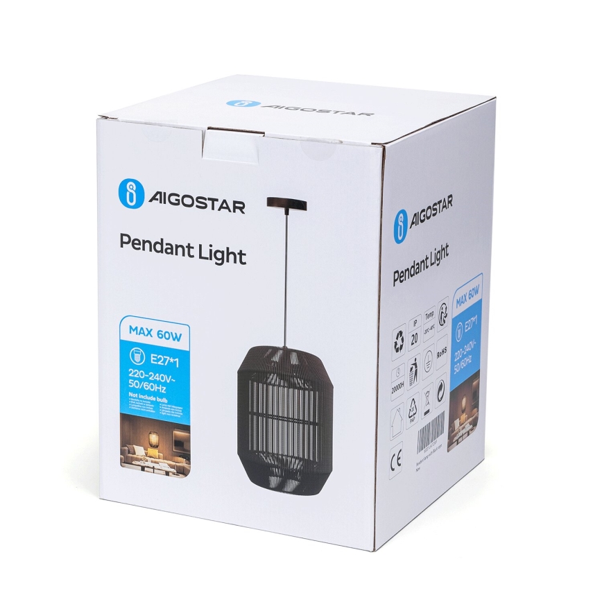 Aigostar - Kábeles függeszték 1xE27/60W/230V, fekete, átmérő 23 cm