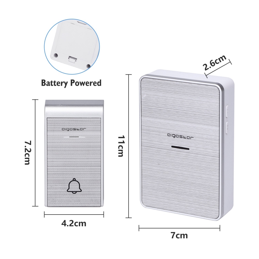 Aigostar - KÉSZLET 2x Vezeték nélküli csengő 3xAA/12V IP44 ezüst