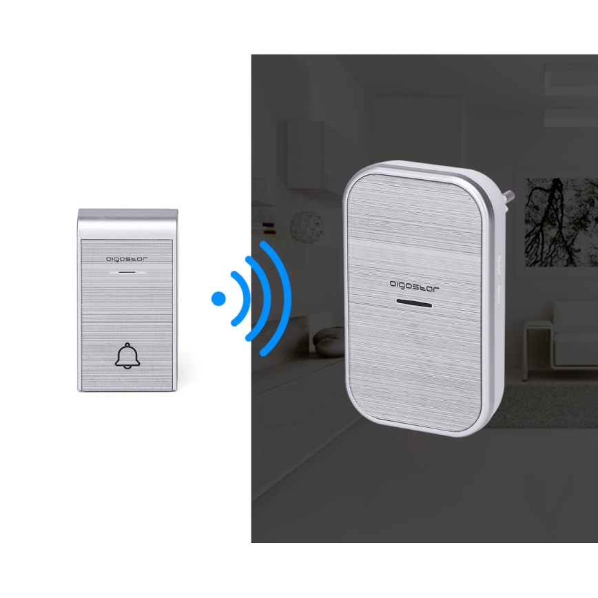 Aigostar - KÉSZLET 2x Vezeték nélküli csengő konnektorba 230V/12V IP44 ezüst