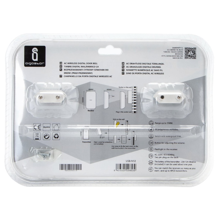 Aigostar - KÉSZLET 2x Vezeték nélküli csengő konnektorba 230V/12V IP44 fehér