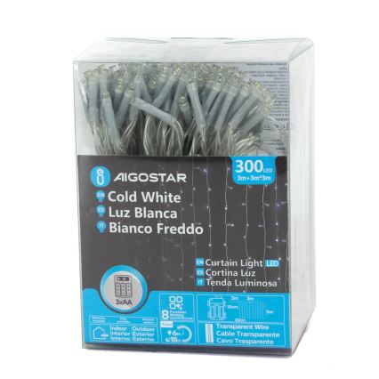 Aigostar-LED Kültéri karácsonyi fényfüzér 300xLED/8 funkció 3xAA 6x2m IP44 hideg fehér