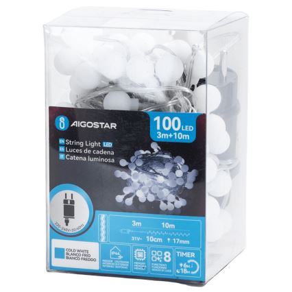 Aigostar - LED kültéri díszlánc 100xLED/8 funkció 10m IP44 hideg fehér